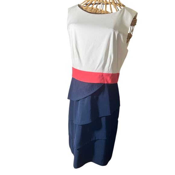 Dress Barn White Coral and Blue Dress with Ruffled Bottom Sz 10 - Picture 2 of 8